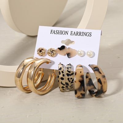 Set de cercei cu cerc din rășină acrilică punk leopard pentru femei, la modă, auriu, argintiu, cercei cerc de perle, cadouri, bijuterii
