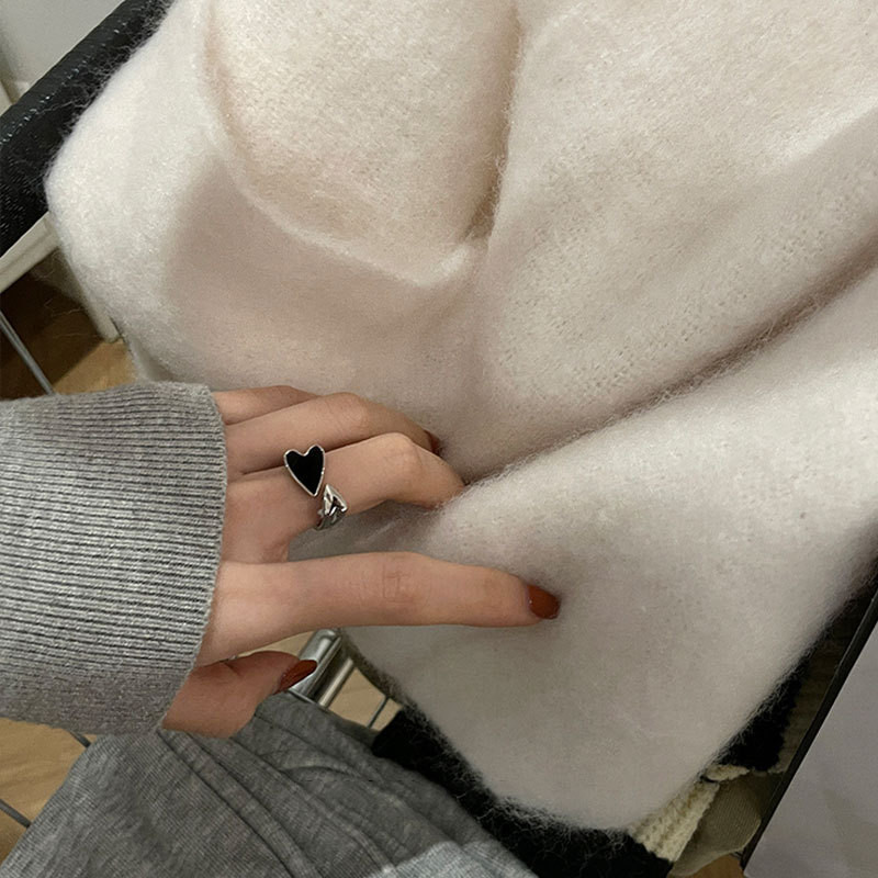 QMCOCO Design Inele reglabile de culoare argintie Moda femei elegante Vintage Negru IUBIRE În formă de inimă Fată Bijuterii Cadouri de naștere