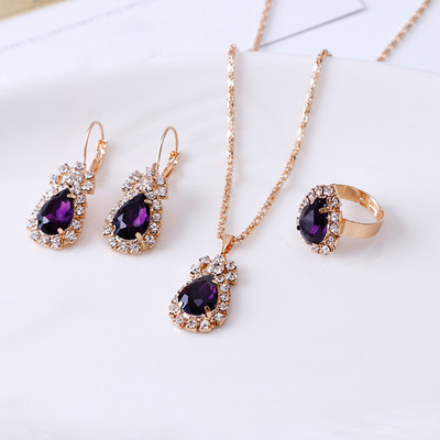 Moda multicolor Drop Crystal Colier Cercei Inel Set de bijuterii Aniversare Mireasa Logodna si Cadouri de zi de nastere