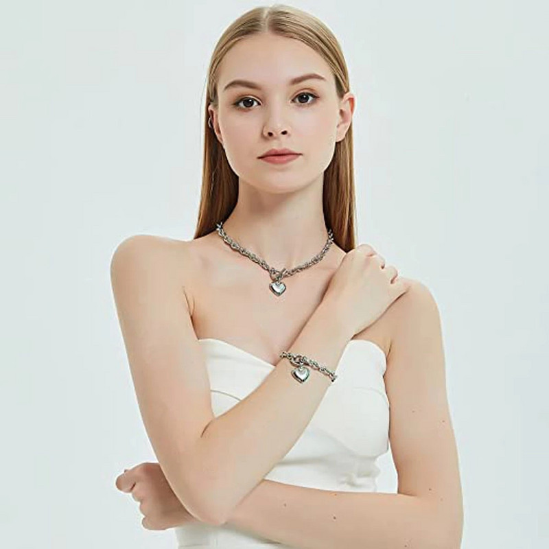 NIBASTAR szív ékszer készletek nyaklánc és karkötő nőknek, rozsdamentes acél divatos OT csatos kapcsolókészlet láncékszer 2021 új