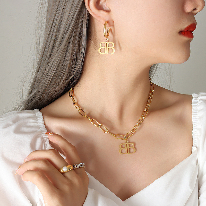 Francia INS dupla B betűs vastag láncú nyaklánc fülbevaló nőknek divatos rozsdamentes acél 18K aranyozott ékszer ajándék