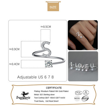 TrustDavis Истински сребърни пръстени 925 проба за жени Бижута за сватбено тържество 26 буквени прозрачни отварящи се пръстени CZ Изящни бижута DA3121
