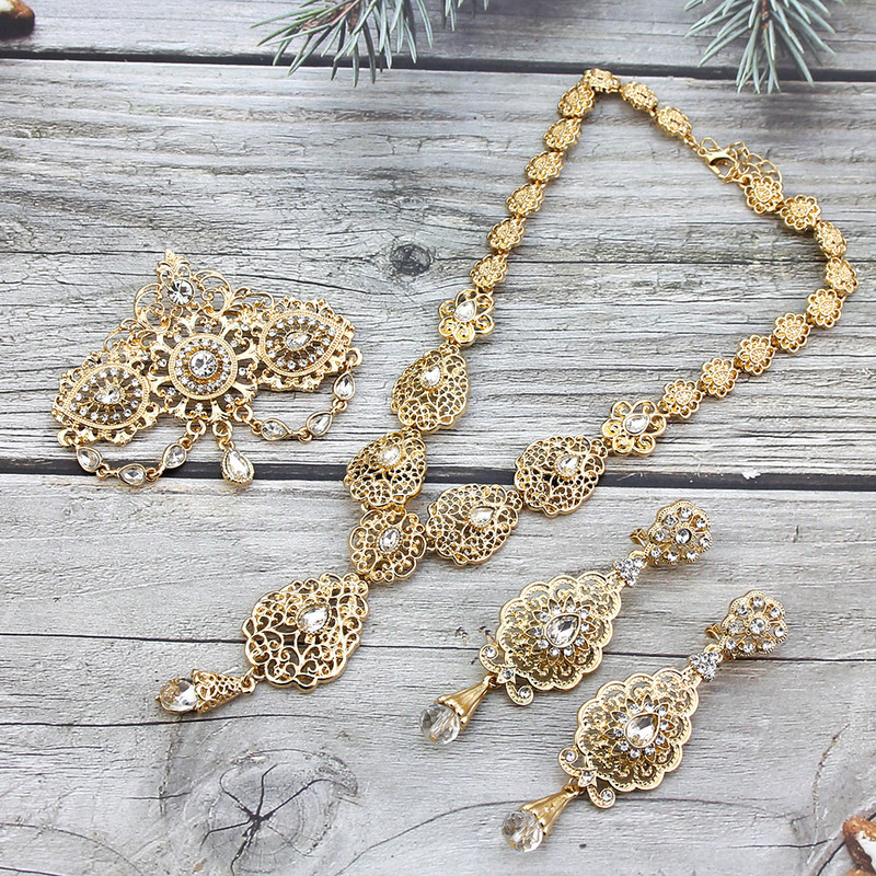 Sunspicems arany színű marokkói menyasszonyi ékszer készletek nőknek kaftán bross fülbevaló nyaklánc szett Algéria virág medál nyaklánc