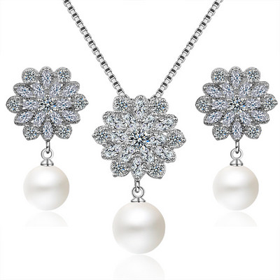 AMC Korea Pearl Stud fülbevaló nyaklánc szett cirkon ékszer szett ezüst színű menyasszonyi esküvői kiegészítők Ajándékok nőknek