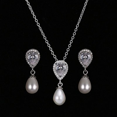 AMC Korea Pearl Stud fülbevaló nyaklánc szett cirkon ékszer szett ezüst színű menyasszonyi esküvői kiegészítők Ajándékok nőknek