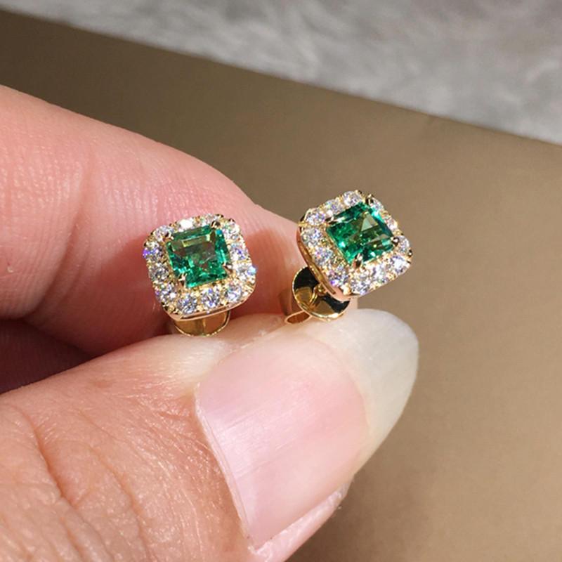 Huitan Eternity Green CZ Stud Fülbevaló Női Arany Szín Luxus Menyasszonyi Esküvői Fülbevaló Elegáns Fülkiegészítők Party Ékszerek