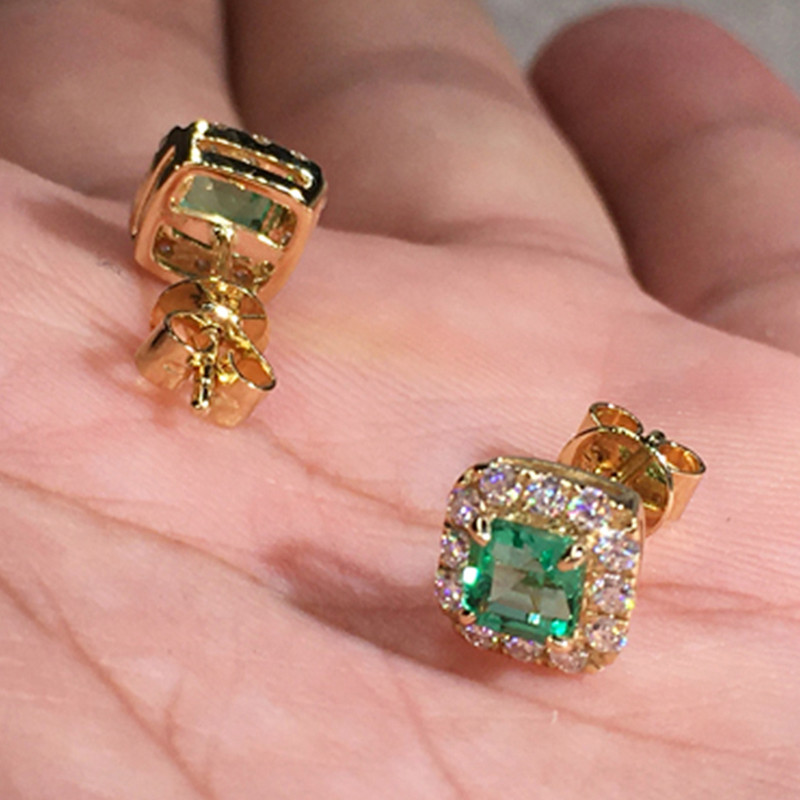 Huitan Eternity Green CZ Stud Fülbevaló Női Arany Szín Luxus Menyasszonyi Esküvői Fülbevaló Elegáns Fülkiegészítők Party Ékszerek