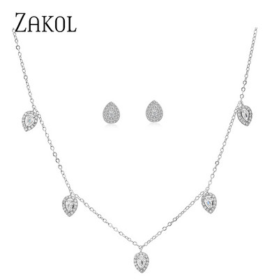 ZAKOL Fashion Picătură de apă Cubic Zirconia Choker Seturi de bijuterii pentru femei Cercei cu știfturi de culoare aurie Colieri Stil de petrecere SP3313