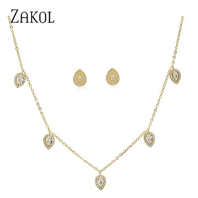 ZAKOL Fashion Picătură de apă Cubic Zirconia Choker Seturi de bijuterii pentru femei Cercei cu știfturi de culoare aurie Colieri Stil de petrecere SP3313