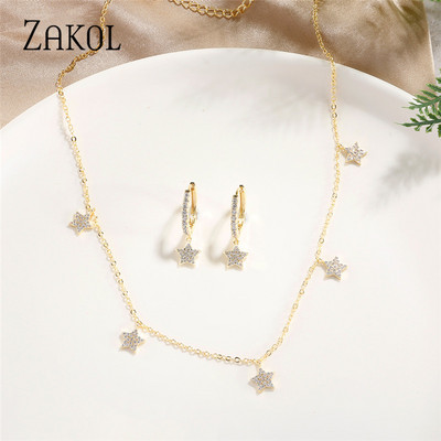 ZAKOL Fashion Picătură de apă Cubic Zirconia Choker Seturi de bijuterii pentru femei Cercei cu știfturi de culoare aurie Colieri Stil de petrecere SP3313
