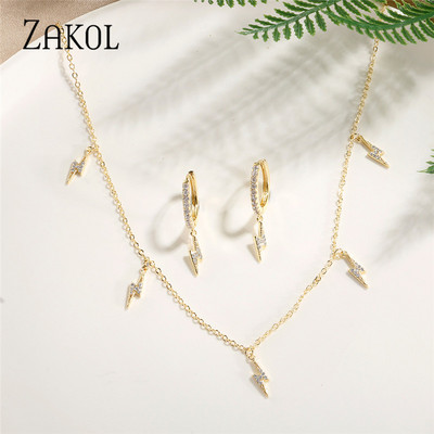 ZAKOL Fashion Picătură de apă Cubic Zirconia Choker Seturi de bijuterii pentru femei Cercei cu știfturi de culoare aurie Colieri Stil de petrecere SP3313