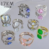17KM Y2K Oil Drip Rings Σετ Kpop Geometric Crystal Rings Δαχτυλίδια με γωνία καρδιάς Αξεσουάρ Moonstone Jewelry for Women Cute 2022