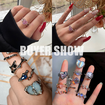 17KM Y2K Oil Drip Rings Σετ Kpop Geometric Crystal Rings Δαχτυλίδια με γωνία καρδιάς Αξεσουάρ Moonstone Jewelry for Women Cute 2022