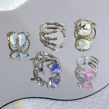 17KM Y2K Oil Drip Rings Set Kpop Geometric Crystal Rings Heart Angle Rings Аксесоари Бижута от лунен камък за жени Сладък 2022