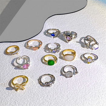 17KM Y2K Oil Drip Rings Set Kpop Geometric Crystal Rings Heart Angle Rings Аксесоари Бижута от лунен камък за жени Сладък 2022