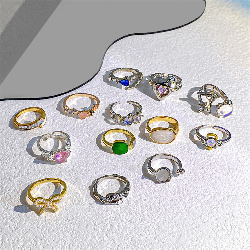 17KM Y2K Oil Drip Rings Σετ Kpop Geometric Crystal Rings Δαχτυλίδια με γωνία καρδιάς Αξεσουάρ Moonstone Jewelry for Women Cute 2022