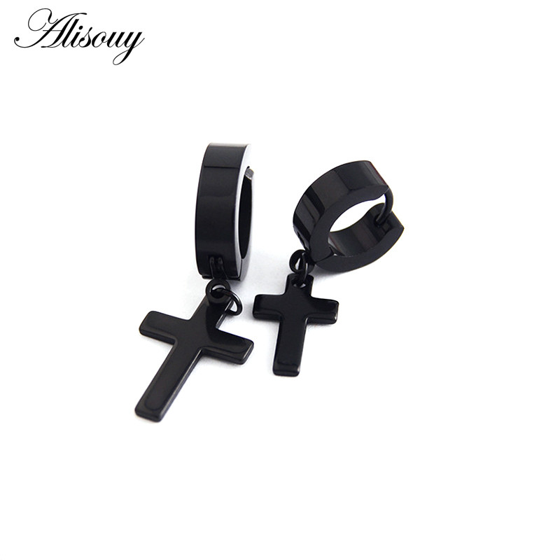 Alisouy 2 buc. Cercei din oțel inoxidabil pentru femei, bărbați, negru/argintiu, cruce, stil gotic, punk rock, Pendientes pentru femeie Moda