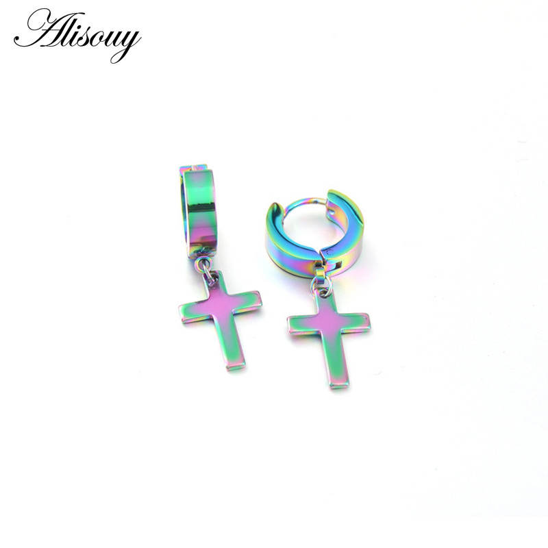 Alisouy 2 buc. Cercei din oțel inoxidabil pentru femei, bărbați, negru/argintiu, cruce, stil gotic, punk rock, Pendientes pentru femeie Moda