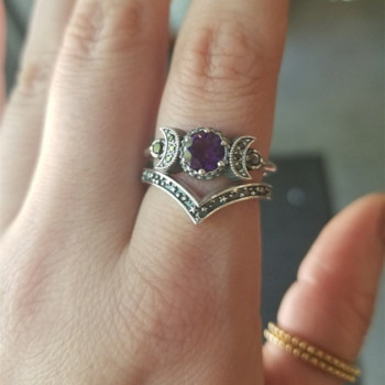 Комплект пръстени с тройна луна Хеката Сватбен пръстен с аметист или червен кристал Уникални пръстени с богиня на луната за жени Готически подарък