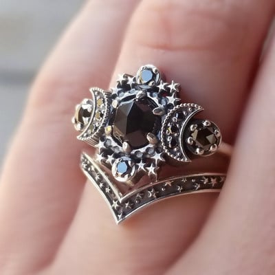Set de inele triple Lunii Hecate Inele de nuntă cu ametist sau cristal roșu Inele unice ale zeiței lunii pentru femei cadou gotic