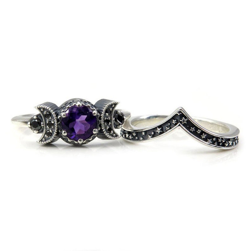 Set de inele triple Lunii Hecate Inele de nuntă cu ametist sau cristal roșu Inele unice ale zeiței lunii pentru femei cadou gotic