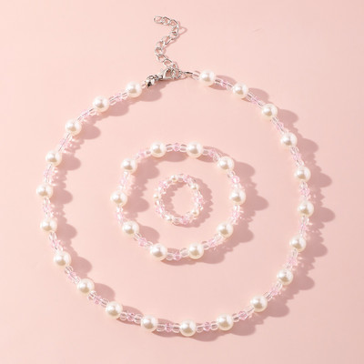 Set de bijuterii dulci pentru copii din Coreea de Sud Love Rice Colier cu margele Brățară inel 3 seturi Choker cu lanț de perle de modă pentru fete
