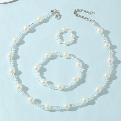 Set de bijuterii dulci pentru copii din Coreea de Sud Love Rice Colier cu margele Brățară inel 3 seturi Choker cu lanț de perle de modă pentru fete