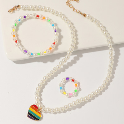Set de bijuterii dulci pentru copii din Coreea de Sud Love Rice Colier cu margele Brățară inel 3 seturi Choker cu lanț de perle de modă pentru fete