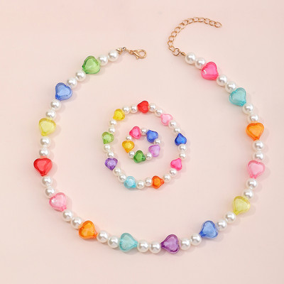 Set de bijuterii dulci pentru copii din Coreea de Sud Love Rice Colier cu margele Brățară inel 3 seturi Choker cu lanț de perle de modă pentru fete