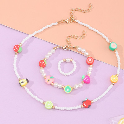 Set de bijuterii dulci pentru copii din Coreea de Sud Love Rice Colier cu margele Brățară inel 3 seturi Choker cu lanț de perle de modă pentru fete