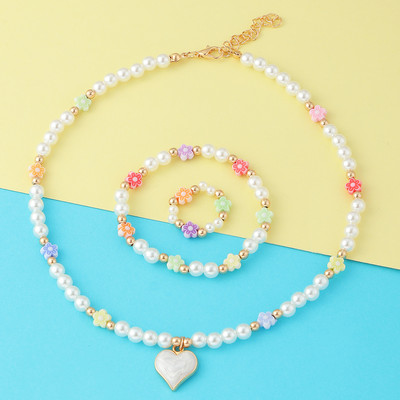 Set de bijuterii dulci pentru copii din Coreea de Sud Love Rice Colier cu margele Brățară inel 3 seturi Choker cu lanț de perle de modă pentru fete