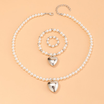 Set de bijuterii dulci pentru copii din Coreea de Sud Love Rice Colier cu margele Brățară inel 3 seturi Choker cu lanț de perle de modă pentru fete