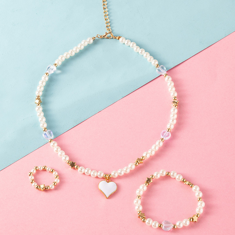 Set de bijuterii dulci pentru copii din Coreea de Sud Love Rice Colier cu margele Brățară inel 3 seturi Choker cu lanț de perle de modă pentru fete
