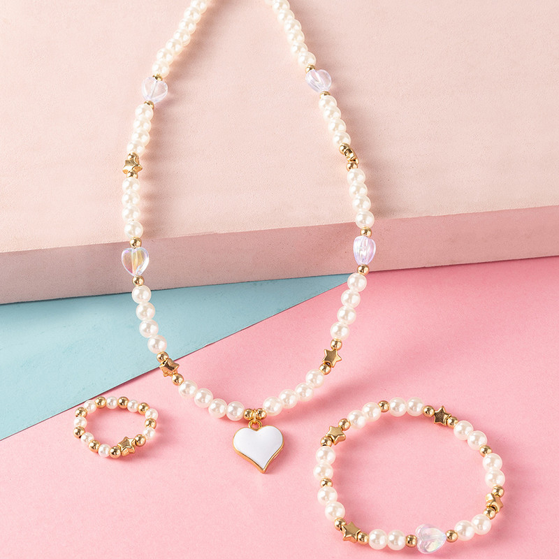 Set de bijuterii dulci pentru copii din Coreea de Sud Love Rice Colier cu margele Brățară inel 3 seturi Choker cu lanț de perle de modă pentru fete