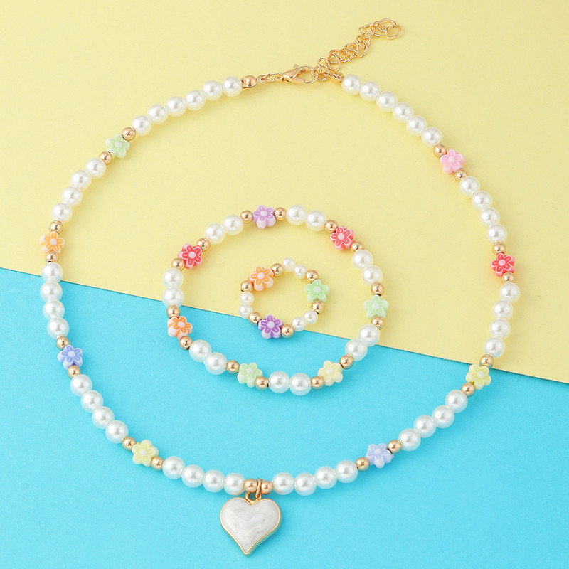 Set de bijuterii dulci pentru copii din Coreea de Sud Love Rice Colier cu margele Brățară inel 3 seturi Choker cu lanț de perle de modă pentru fete