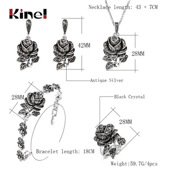 Kinel Мода Тибетско сребро Винтидж Сватбен комплект бижута Черен кристал Роза Цвете Пръстен Комплекти бижута за жени Парти подарък