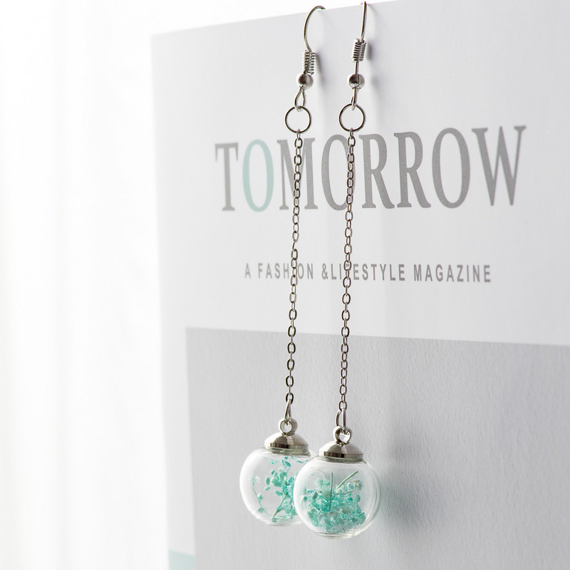 Virágos fülcsepp szárított virág, üveggolyós fülbevaló, fantázia barkács fülbevaló lógó fülbevaló nőknek #HZ229