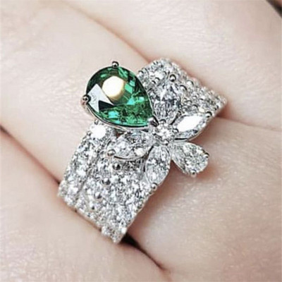 CAOSHI Inele de lux de damă pentru petrecere, verde strălucitor, cristal în formă de para, doamnă nobilă, accesorii în stil vintage, cadou superb