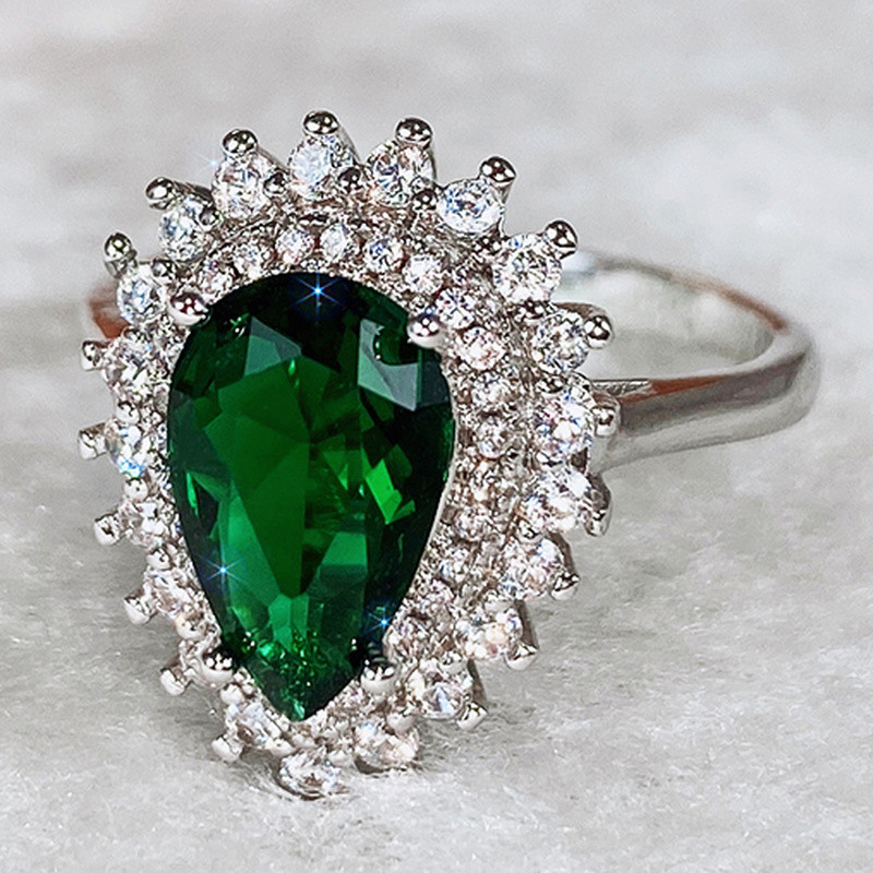 CAOSHI Inele de lux de damă pentru petrecere, verde strălucitor, cristal în formă de para, doamnă nobilă, accesorii în stil vintage, cadou superb