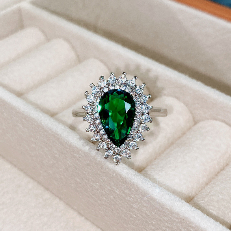 CAOSHI Inele de lux de damă pentru petrecere, verde strălucitor, cristal în formă de para, doamnă nobilă, accesorii în stil vintage, cadou superb