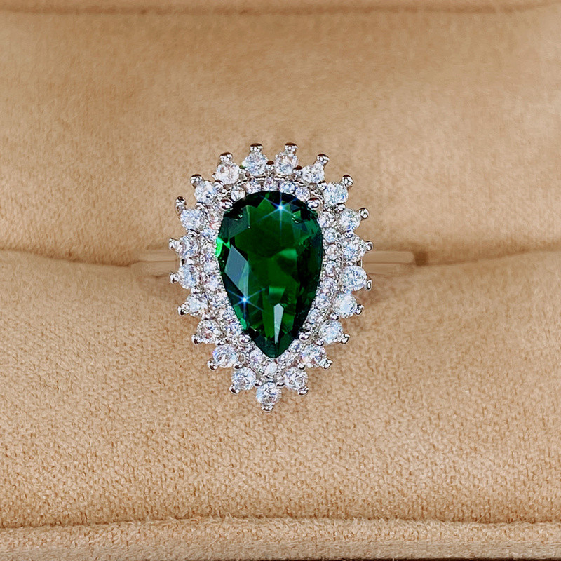 CAOSHI Inele de lux de damă pentru petrecere, verde strălucitor, cristal în formă de para, doamnă nobilă, accesorii în stil vintage, cadou superb