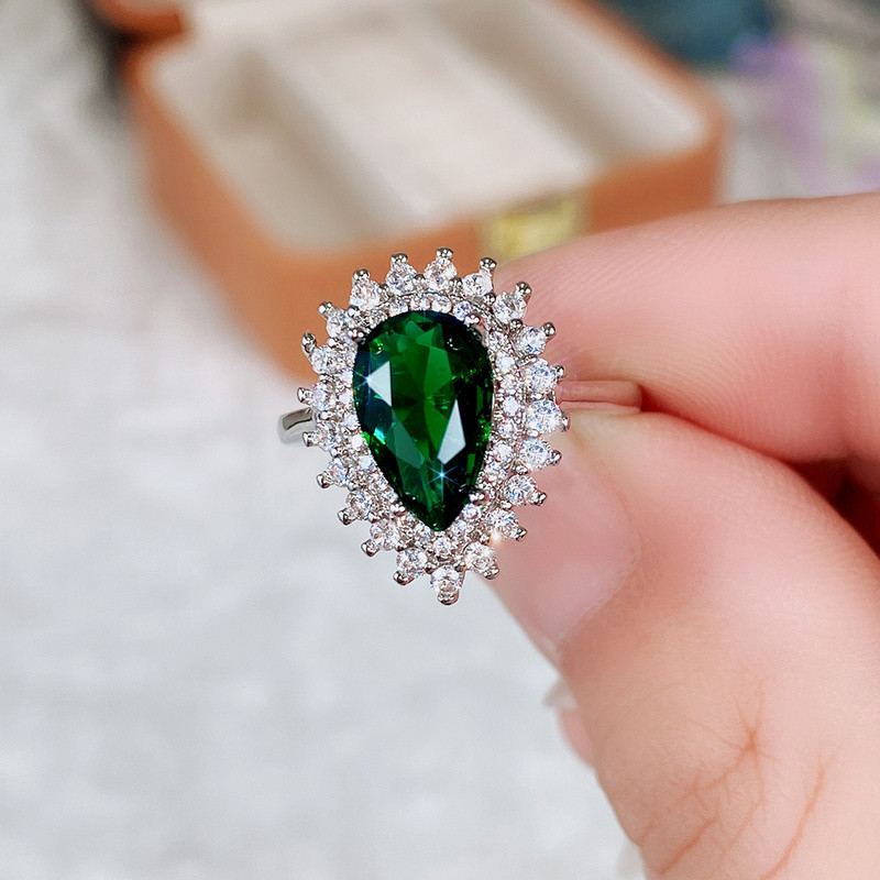CAOSHI Inele de lux de damă pentru petrecere, verde strălucitor, cristal în formă de para, doamnă nobilă, accesorii în stil vintage, cadou superb