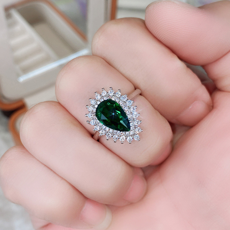 CAOSHI Inele de lux de damă pentru petrecere, verde strălucitor, cristal în formă de para, doamnă nobilă, accesorii în stil vintage, cadou superb