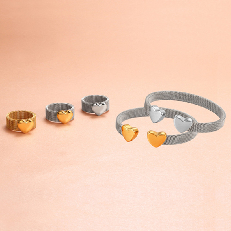 Narukvice u obliku srca, mrežaste manžete, podesiva narukvica s otvaranjem, mrežasto prstenje u obliku srca, ljubavi, mrežasti prstenovi za žene, muškarce, ljubavne parove, vjenčanje, trendi set nakita