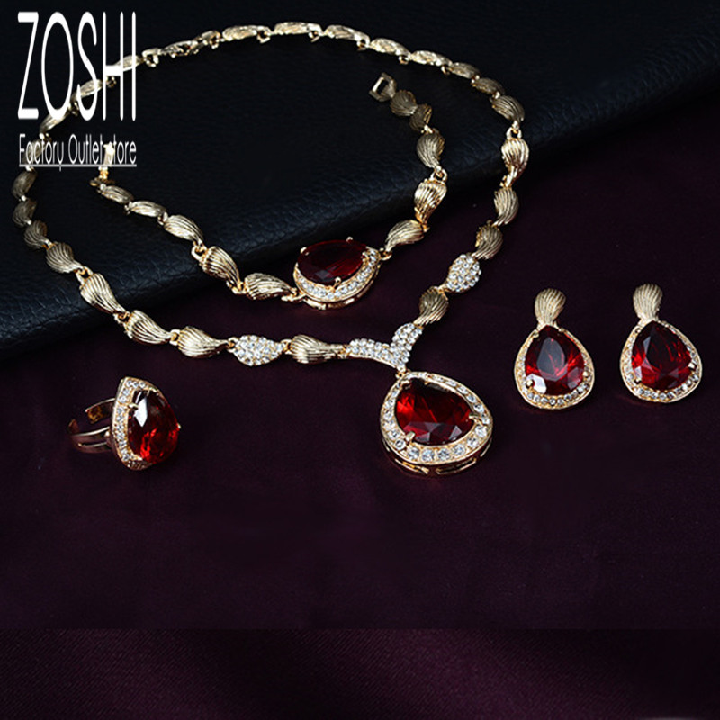 Ženski set nakita Vjenčana zabava Kap vode Crveni CZ kristal Ogrlica Naušnice Narukvica Prsten Indijski pozlaćeni set nakita