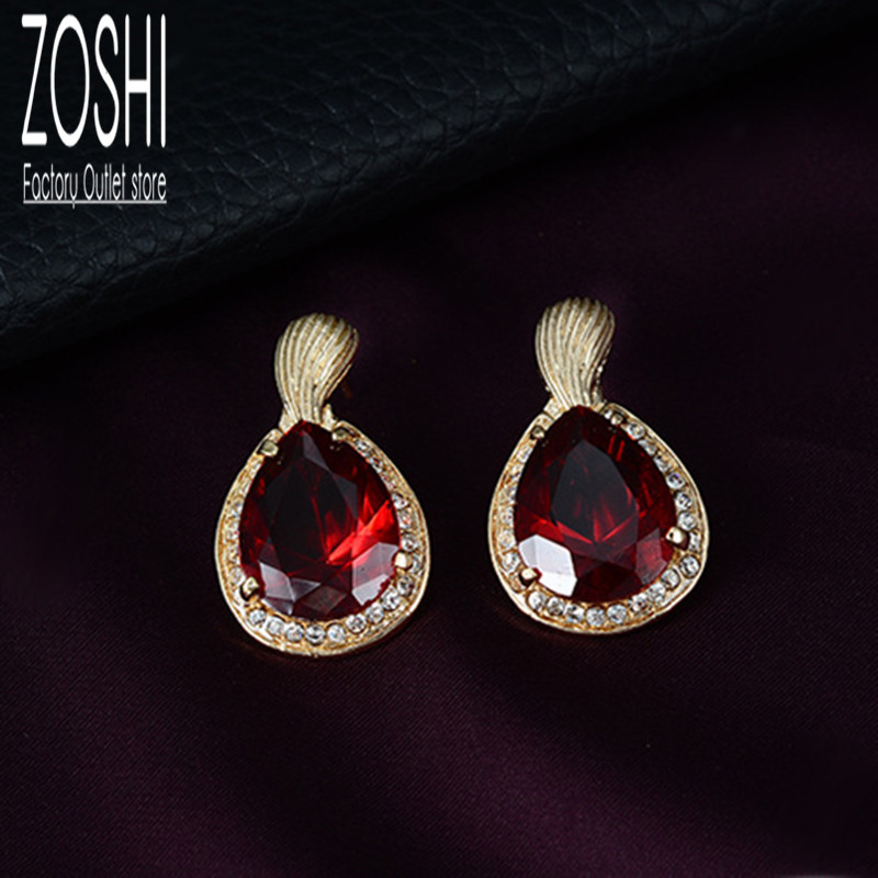 Ženski set nakita Vjenčana zabava Kap vode Crveni CZ kristal Ogrlica Naušnice Narukvica Prsten Indijski pozlaćeni set nakita