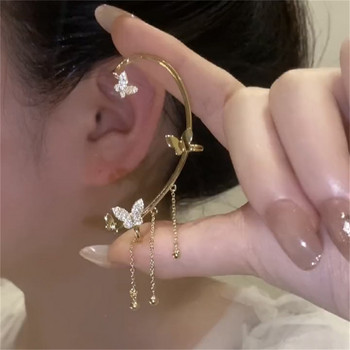 Блестящ Циркон Пеперуда Маншет за ухо Златен цвят Пискюл Обеци с щипка за жени Корейски стил Медна обеца без пиърсинг Бижута