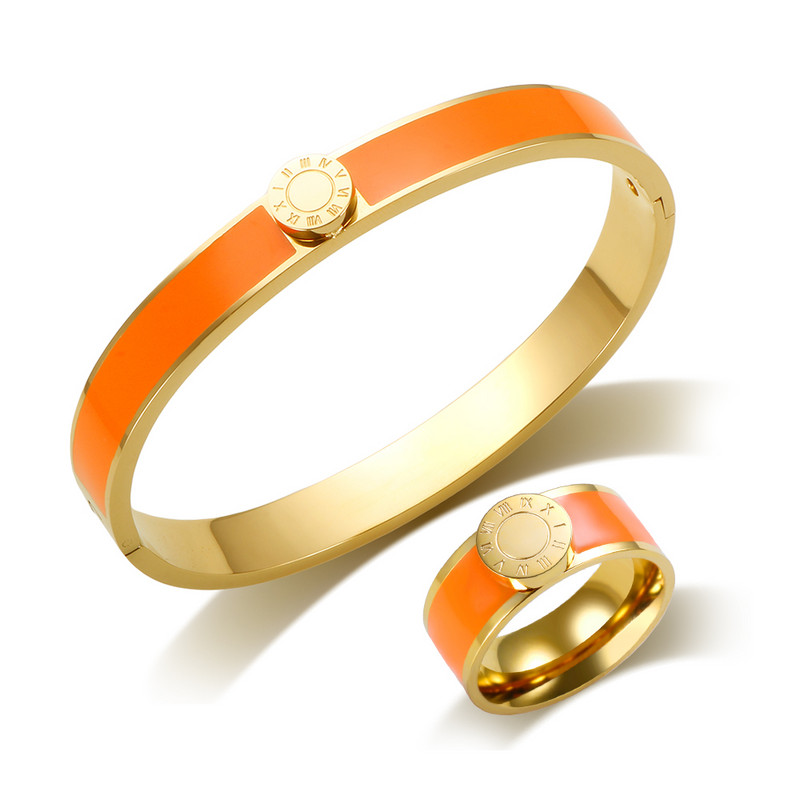 JINHUI Emajlirani set prstenova od nehrđajućeg čelika za žene Okrugla narukvica s rimskim brojevima Pozlaćeni Trend Novi narukvice Set nakita