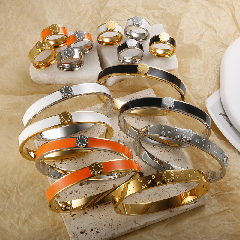 JINHUI Emajlirani set prstenova od nehrđajućeg čelika za žene Okrugla narukvica s rimskim brojevima Pozlaćeni Trend Novi narukvice Set nakita