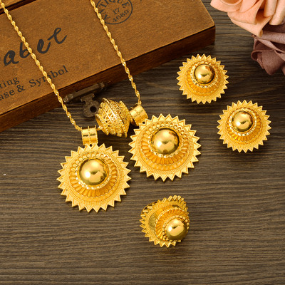 Paauksuoti madingi Etiopijos didelio dydžio auskarai / 2 vnt. pakabukų / žiedų papuošalų rinkiniai aukso spalvos lėkštė Afrikos nuotakos vestuvių Eritrėjos dovanos